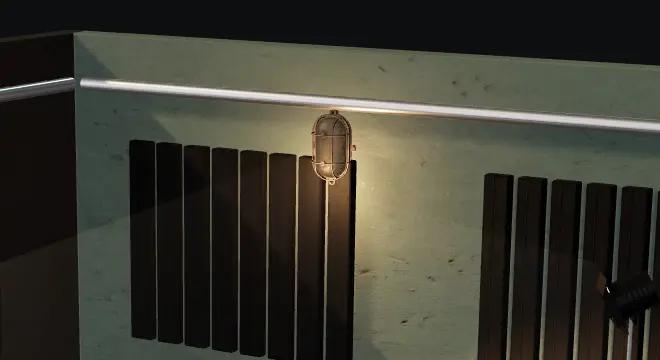 Schema 3D a peretelui gri verzui, cu panourile și lampa. Poza reală vine de la proprietar.